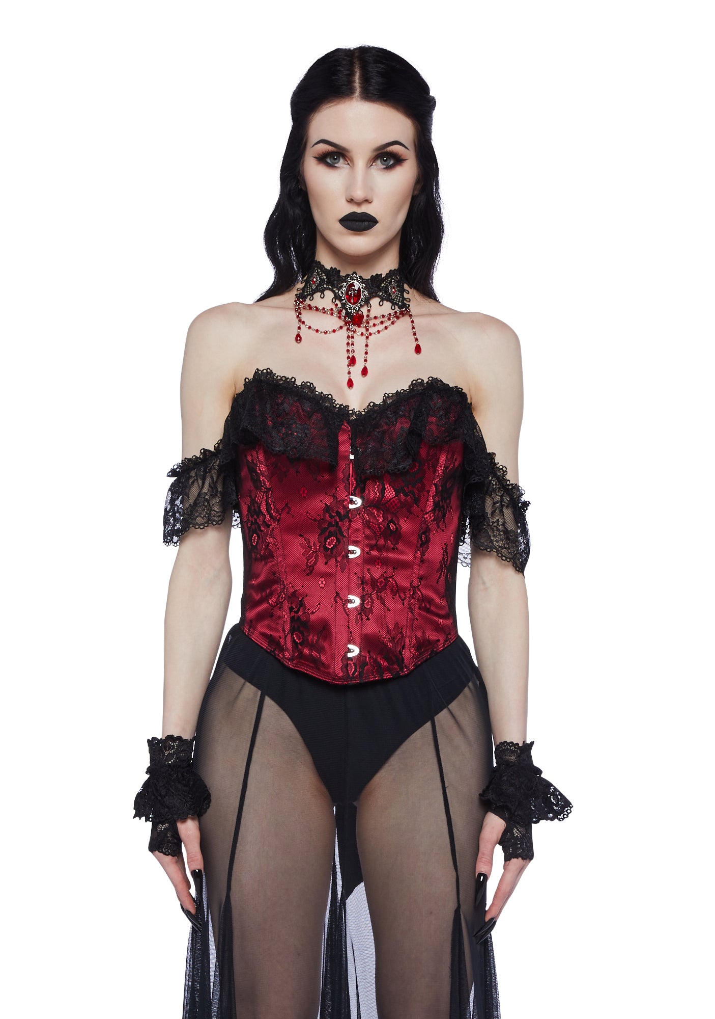 Waist cincher with lacing, stretch lace, garters