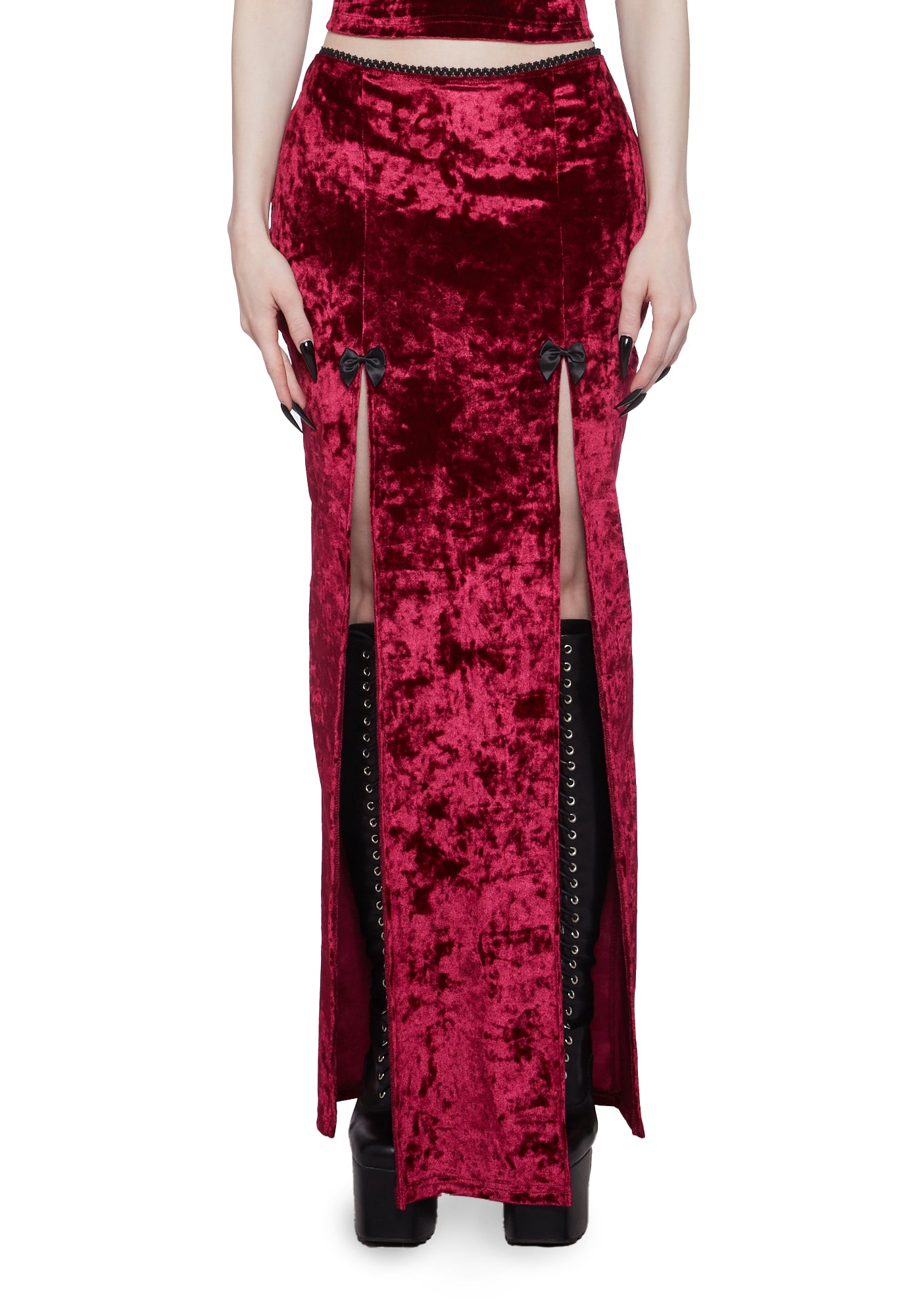 Widow Crushed Velvet Side Slit Maxi Skirt Burgundy Dolls Kill 3978