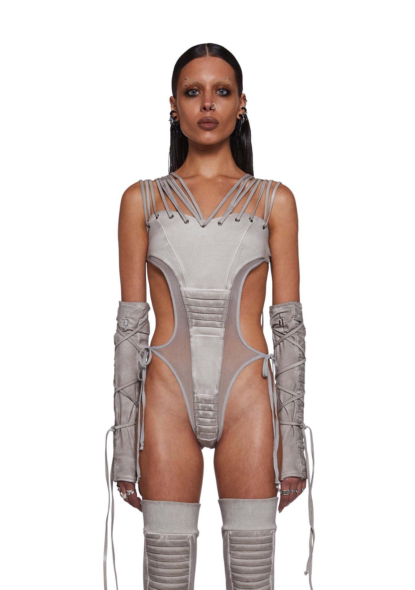 Frequency Strappy Mesh And Jersey Bodysuit - Sand