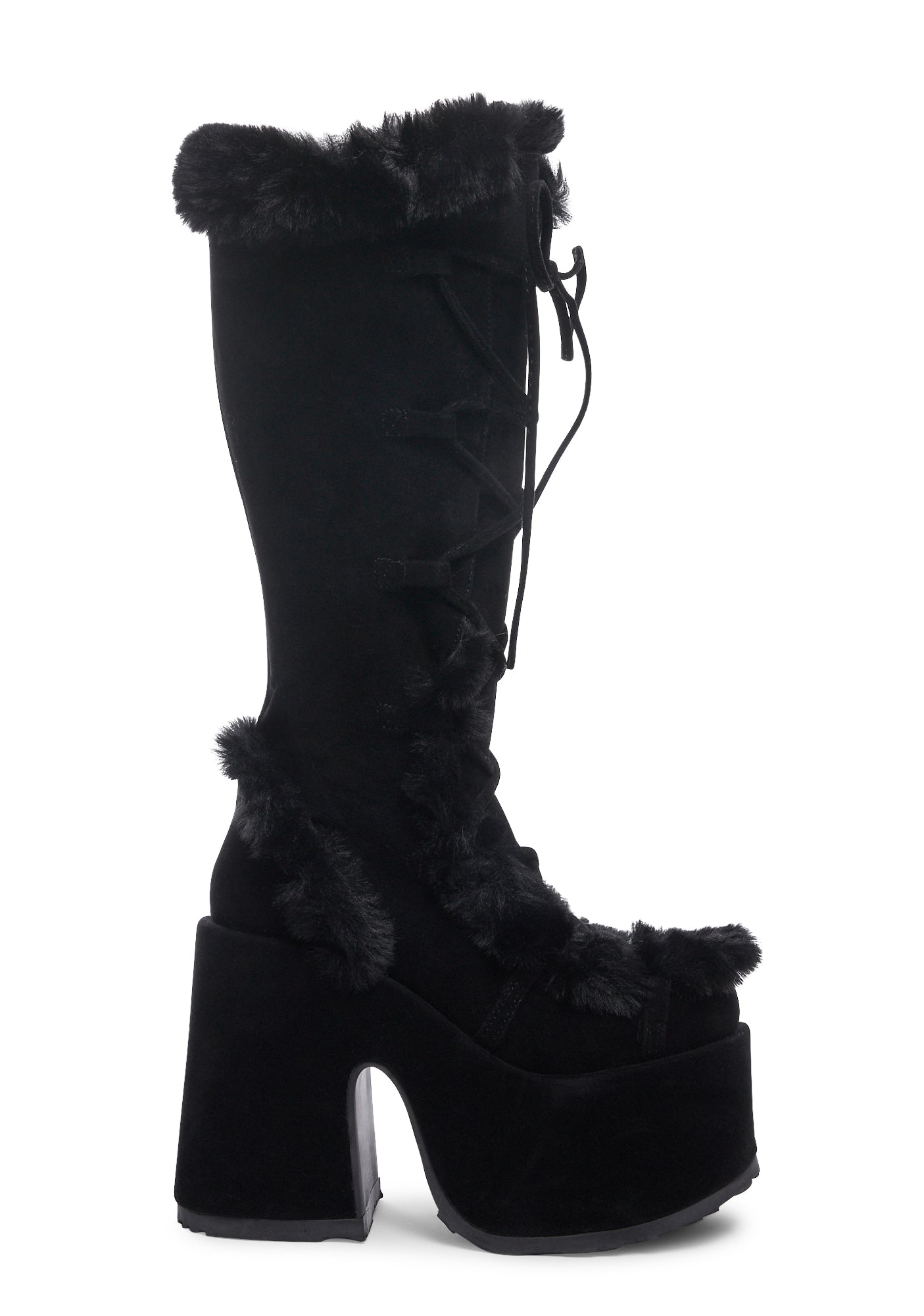 Demonia Faux Fur Knee High Platform Boots - Black – Dolls Kill
