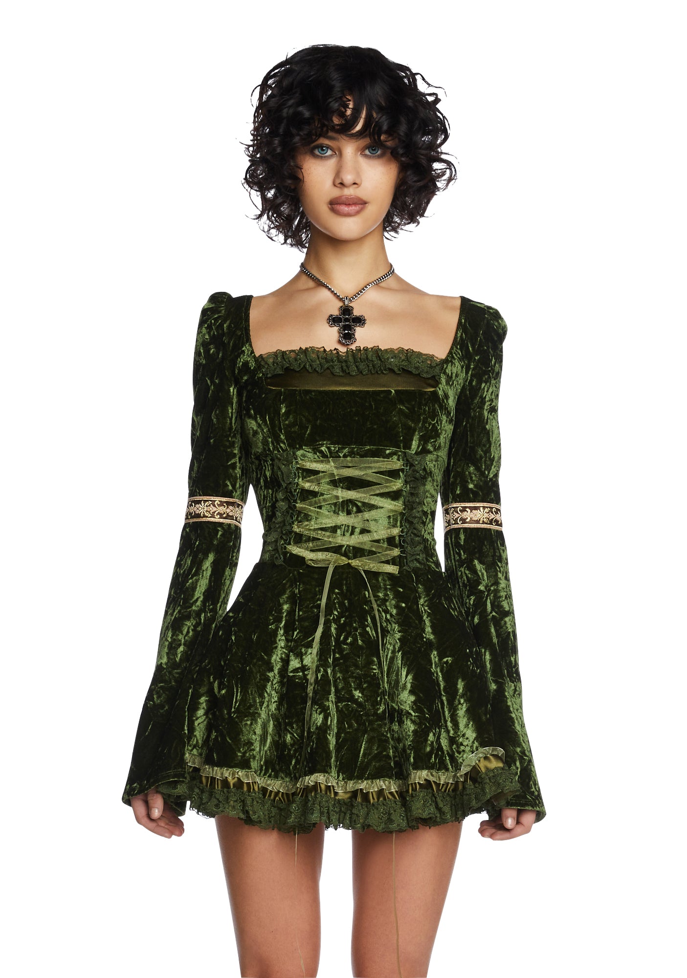 Current Mood Velour Embroidered Trim Mini Dress - Green – Dolls Kill