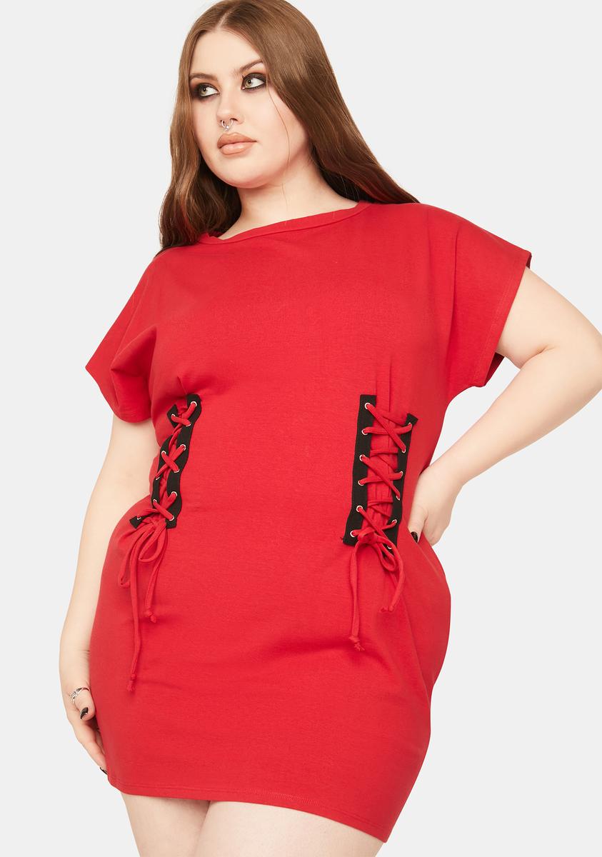 Plus Size Lace Up Sides Relaxed T Shirt Dress - Red – Dolls Kill