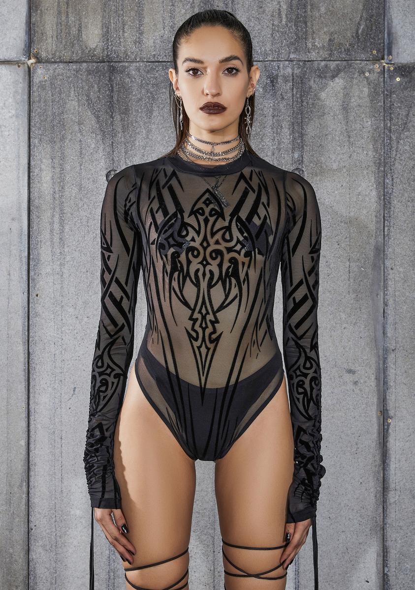 Darker Wavs Tattoo Print Ruched Sleeve Mesh Bodysuit - Black – Dolls Kill