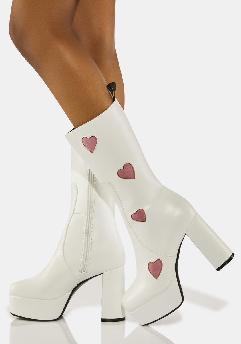 Lamoda Mid Calf Rise Vegan Leather Heart Platform Boots - White – Dolls Kill