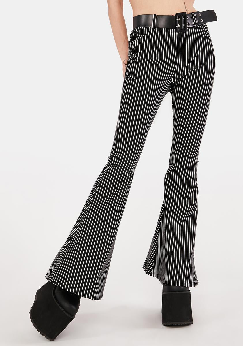 Jawbreaker High-Waisted Striped Buckle Belt Flare Pants - Black Pinstripe –  Dolls Kill