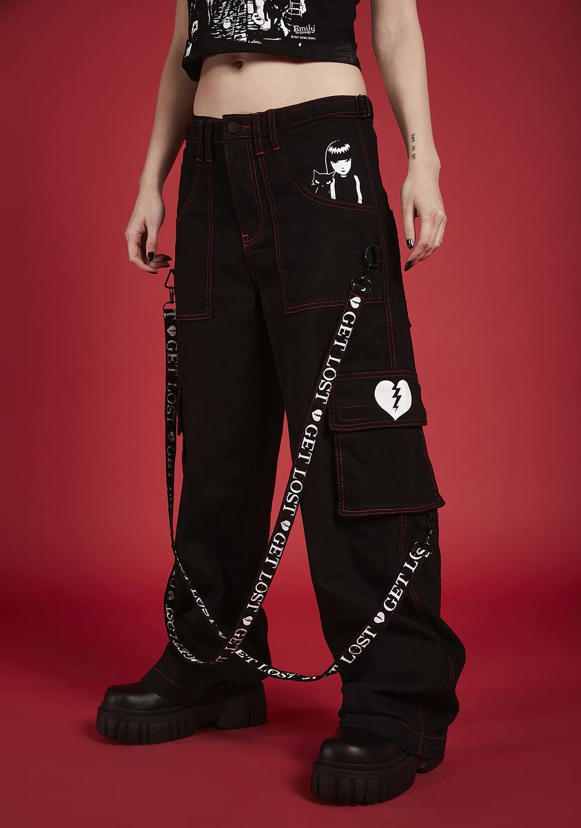 Emily The Strange Wide Leg Strappy Embroidered Cargo Pants – Dolls Kill