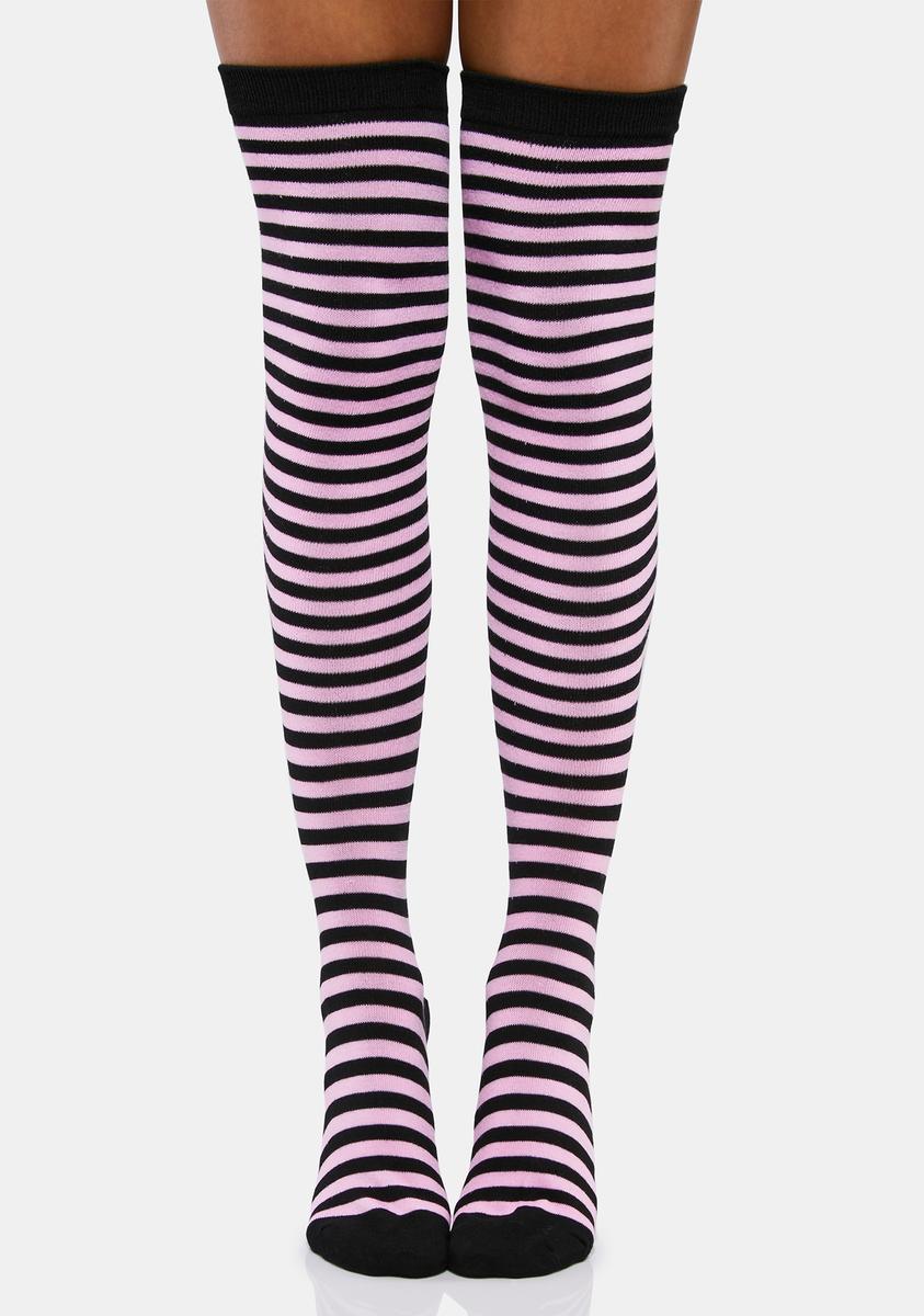 Thigh High Striped Socks - Pink/Black