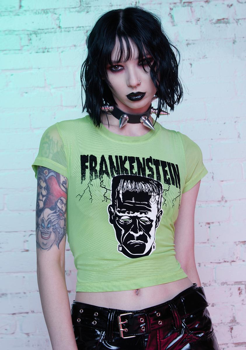 Dolls Kill X Monsters Mesh Flocked Frankenstein Graphic Top - Green