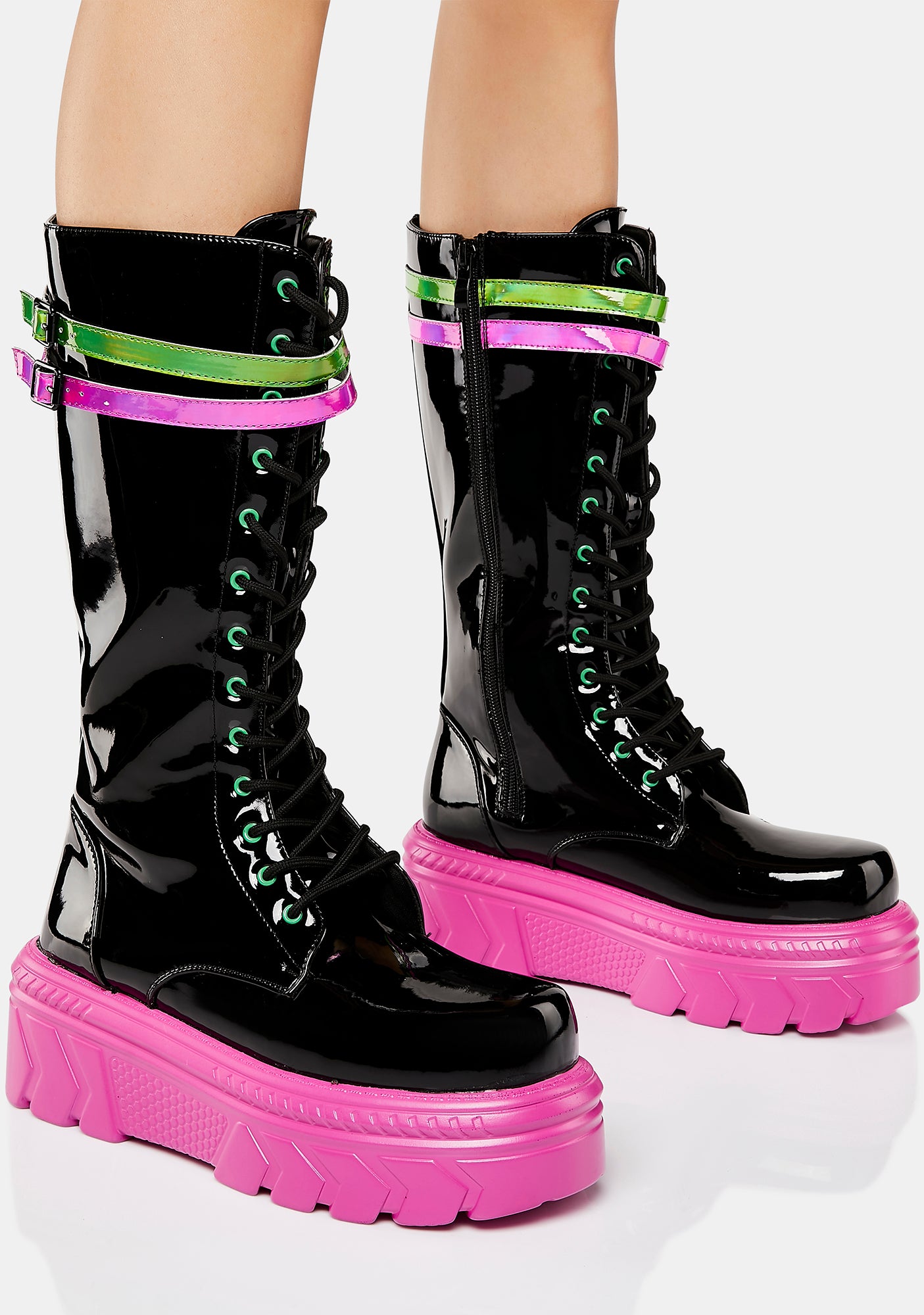Koi Footwear Neon Detail Calf High Combat Boots - Black/Pink – Dolls Kill
