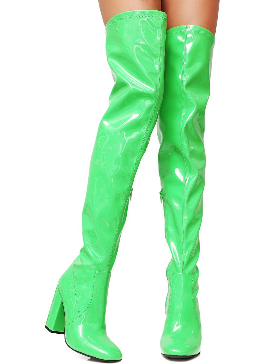 Current Mood Neon Green Vinyl Thigh High Boots – Dolls Kill