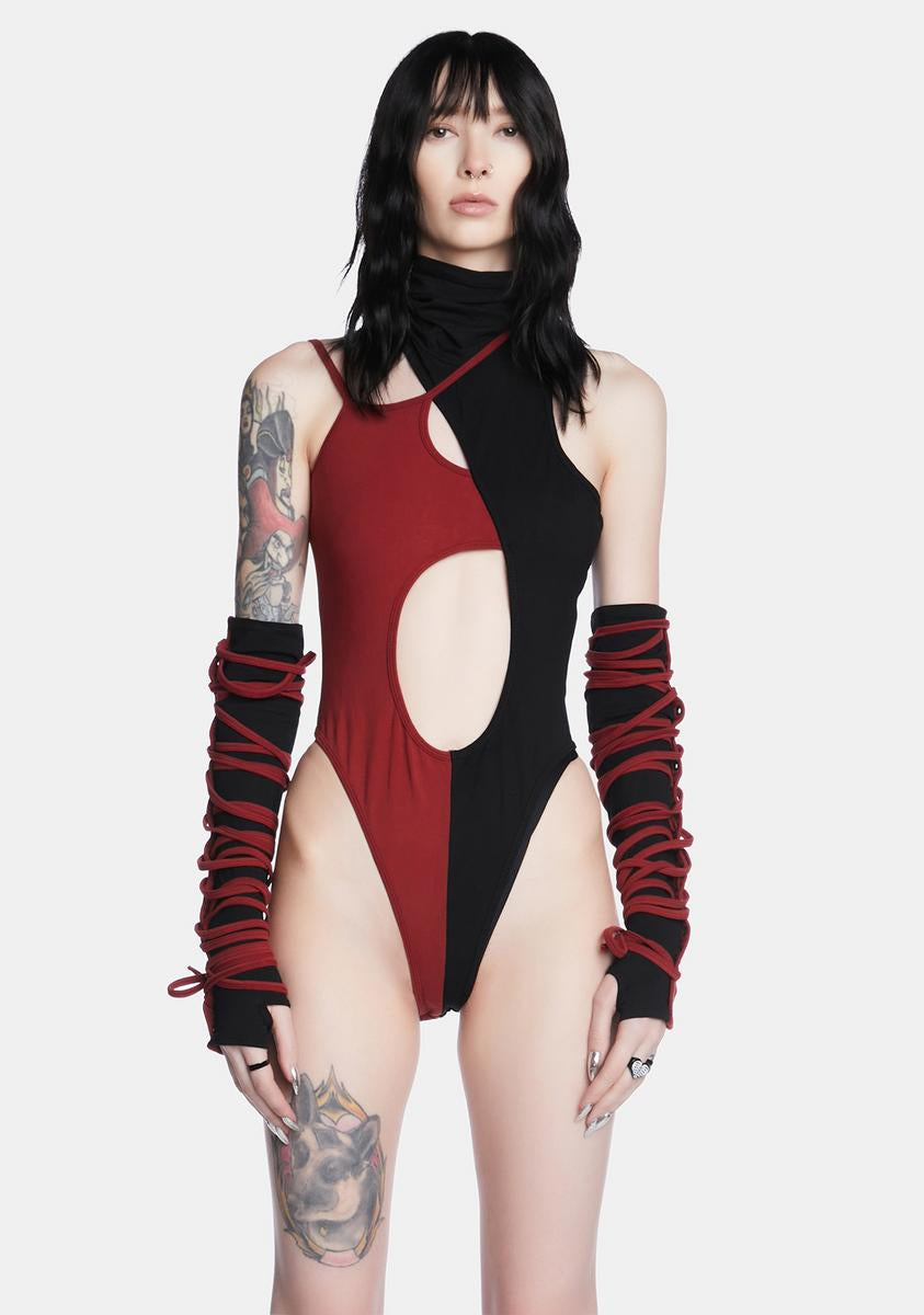 Darker Wavs Two Tone Cut Out Bodysuit And Gloves Set - Red/Black – Dolls  Kill