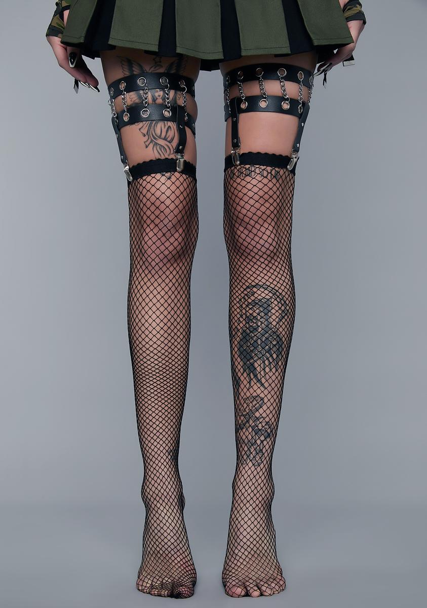 Widow Fishnet Thigh High Tight Chain Thigh Garter Set - Black – Dolls Kill