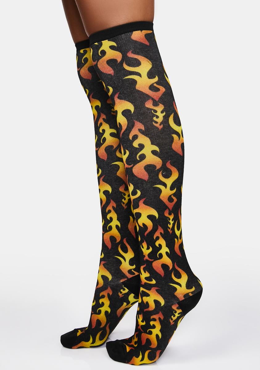 Thigh High Flame Print Socks - Black/Orange – Dolls Kill