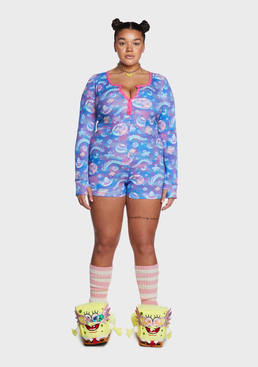 Dolls Kill x SpongeBob Plus Size Bubble Graphic Print Waffle Knit Pajama  Onesie Romper - Blue/Purple