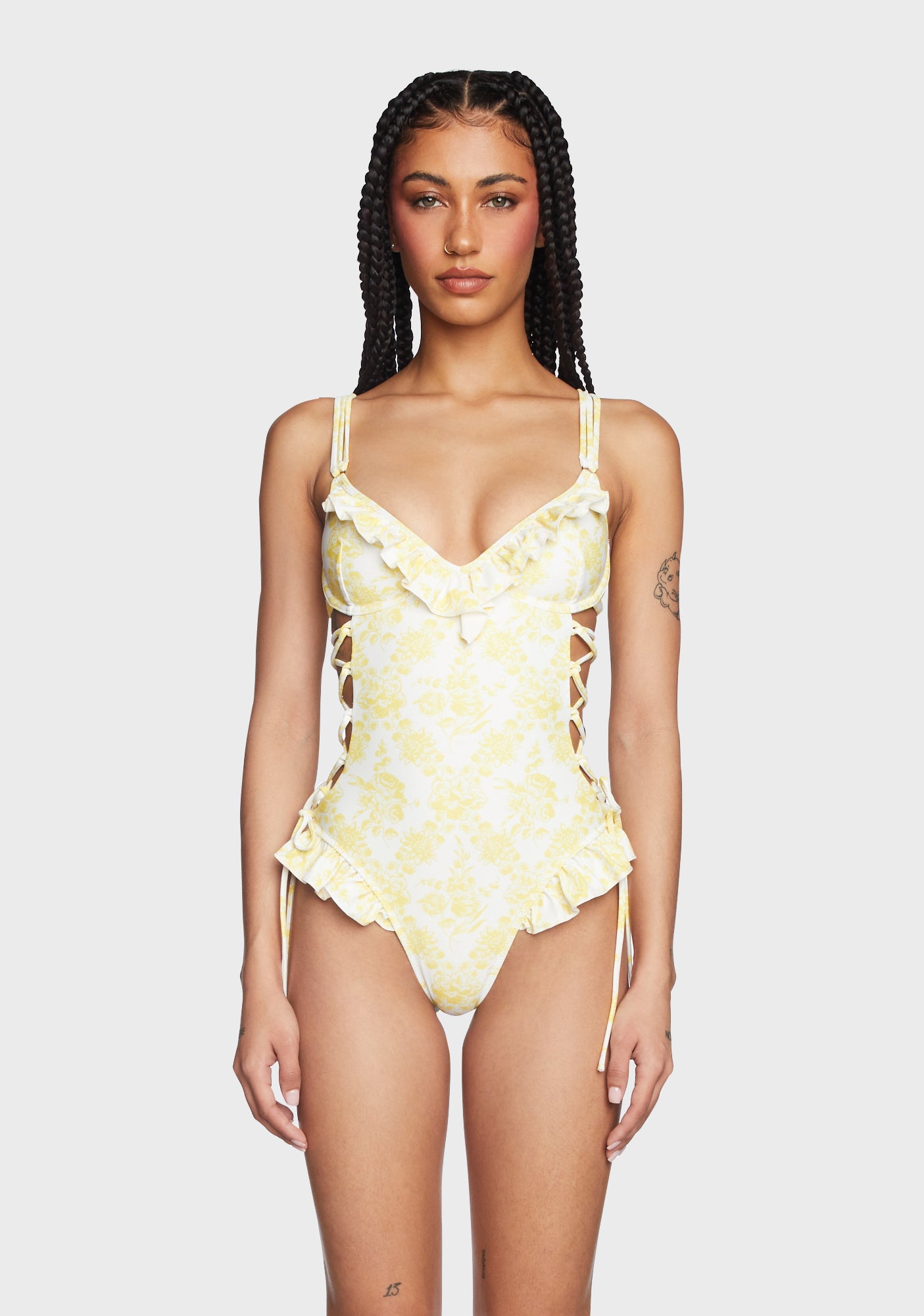 Sugar Thrillz Floral Cutout Lace Up One Piece Swimsuit - Yellow