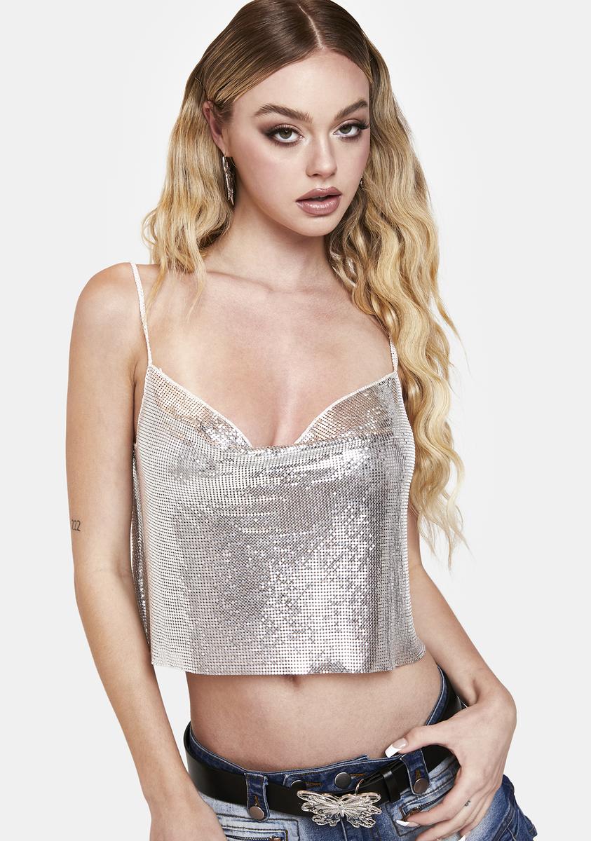 Plunging Cowl Neck Chainmail Halter Crop Top - Silver – Dolls Kill