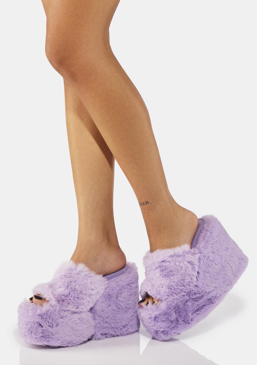 YRU Faux Fur Platform Wedge Sandals - Light Purple – Dolls Kill