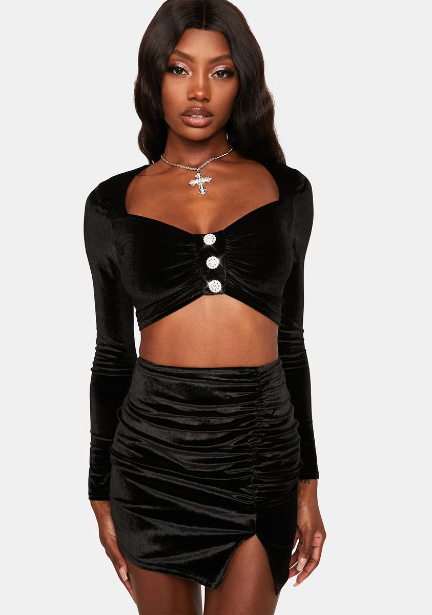 Black Velvet Corset Top & Ruched Mini Skirt Two Piece Set - Black / S