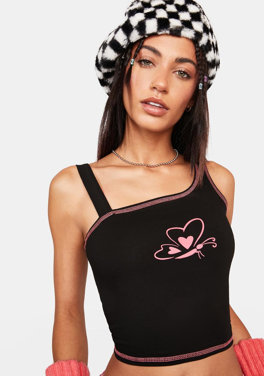 Delias Asymmetric Contrast Stitch Butterfly Graphic Tank Top Black