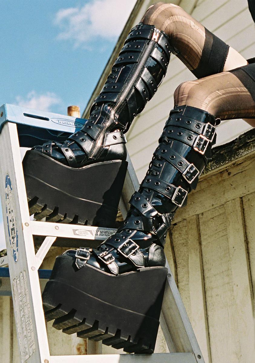 Current Mood Double Stacked Knee High Platform Buckle Boots - Black – Dolls  Kill