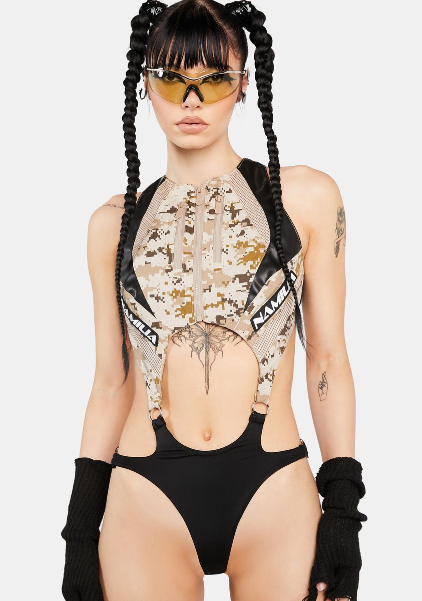 Namilia Desert Camo Print Cut Out Bodysuit – Dolls Kill