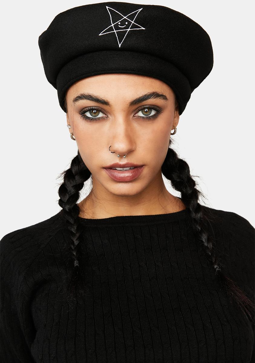 Long Clothing Satan Graphic Logo Beret - Black