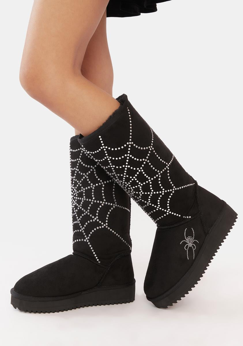 The Grave Girls Rhinestone Spider Web Slipper Boots - Black – Dolls Kill