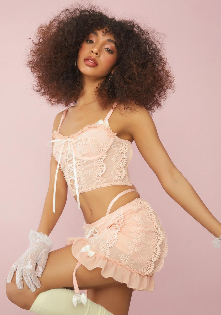 Sugar Thrillz Ruffled Lace Garter Skirt & Thong Set - Peach – Dolls Kill
