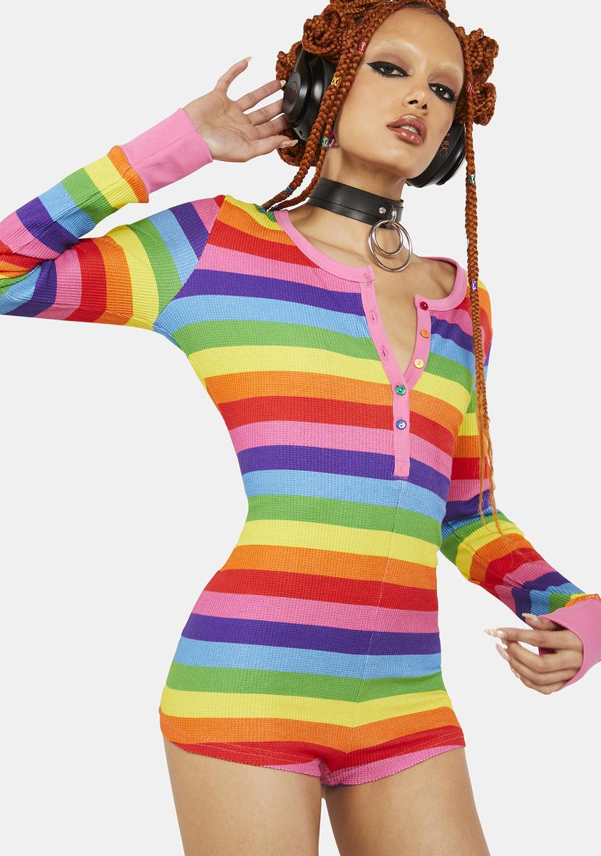 Club Exx Waffle Knit Long Sleeve Button Up Striped Romper - Rainbow