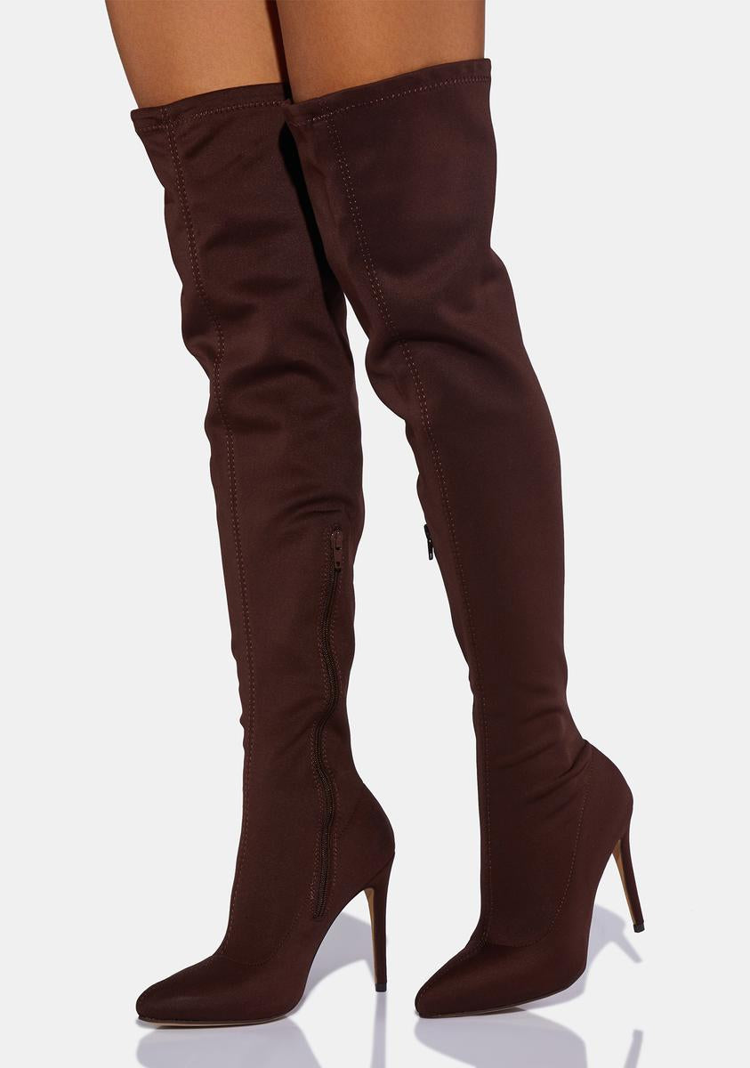 Faux Suede Thigh High Pointed Toe Stiletto Boots - Dark Brown – Dolls Kill