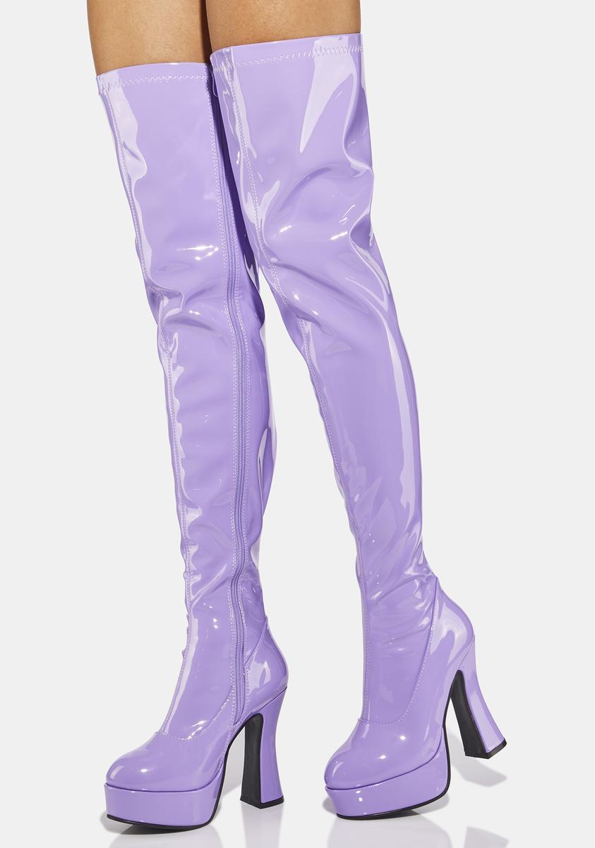 Ellie Shoes Patent Vegan Leather Thigh High Stacked Heel Boots - Purple –  Dolls Kill