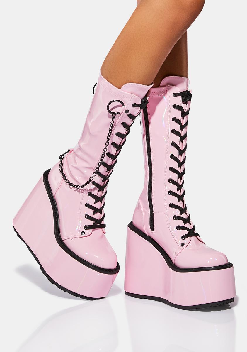 Demonia Swing-150 Calf High Chain Platform Boots - Pink Holographic – Dolls  Kill