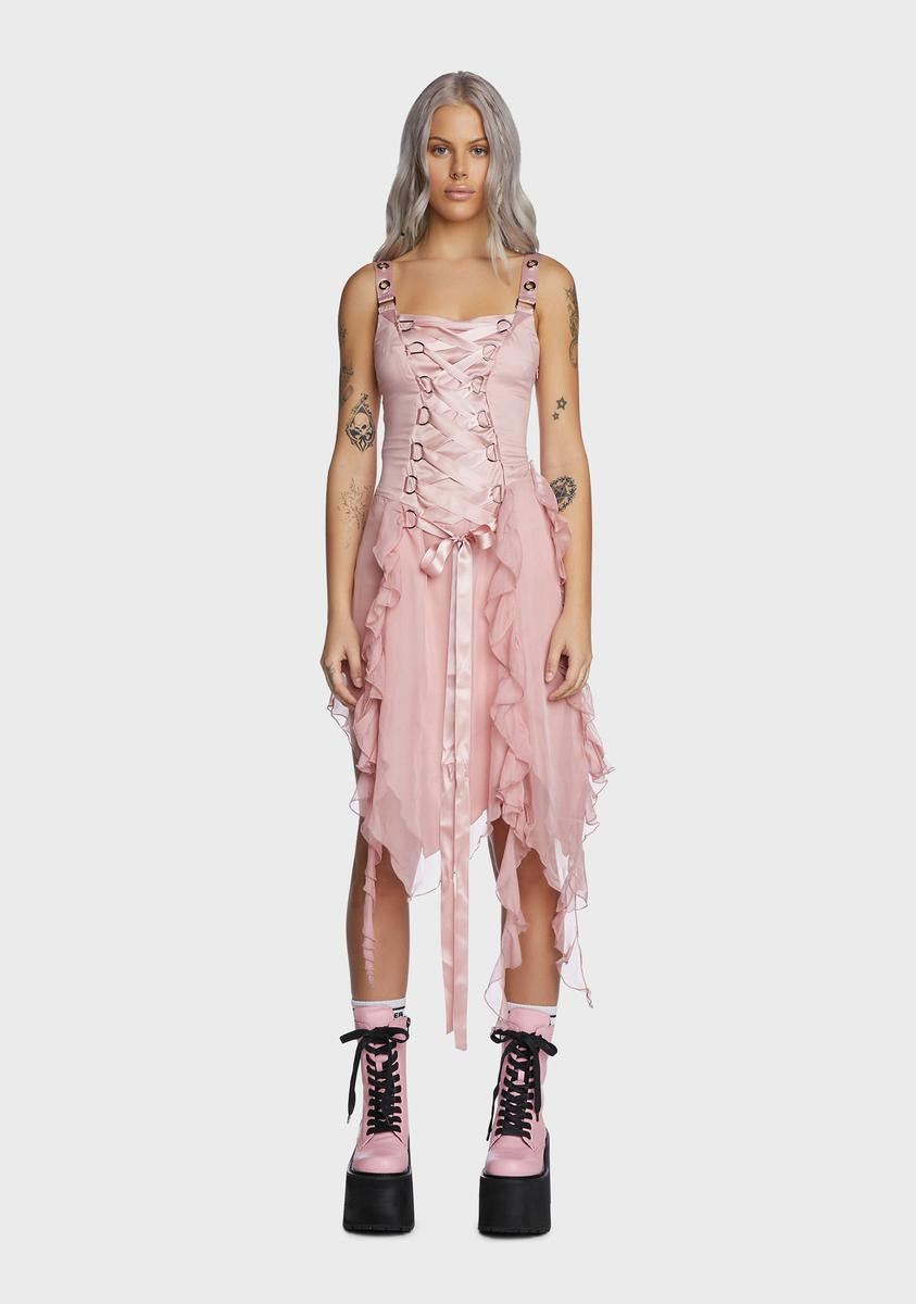 Current Mood Lace Up Ruffle Asymmetric Midi Dress - Pink – Dolls Kill