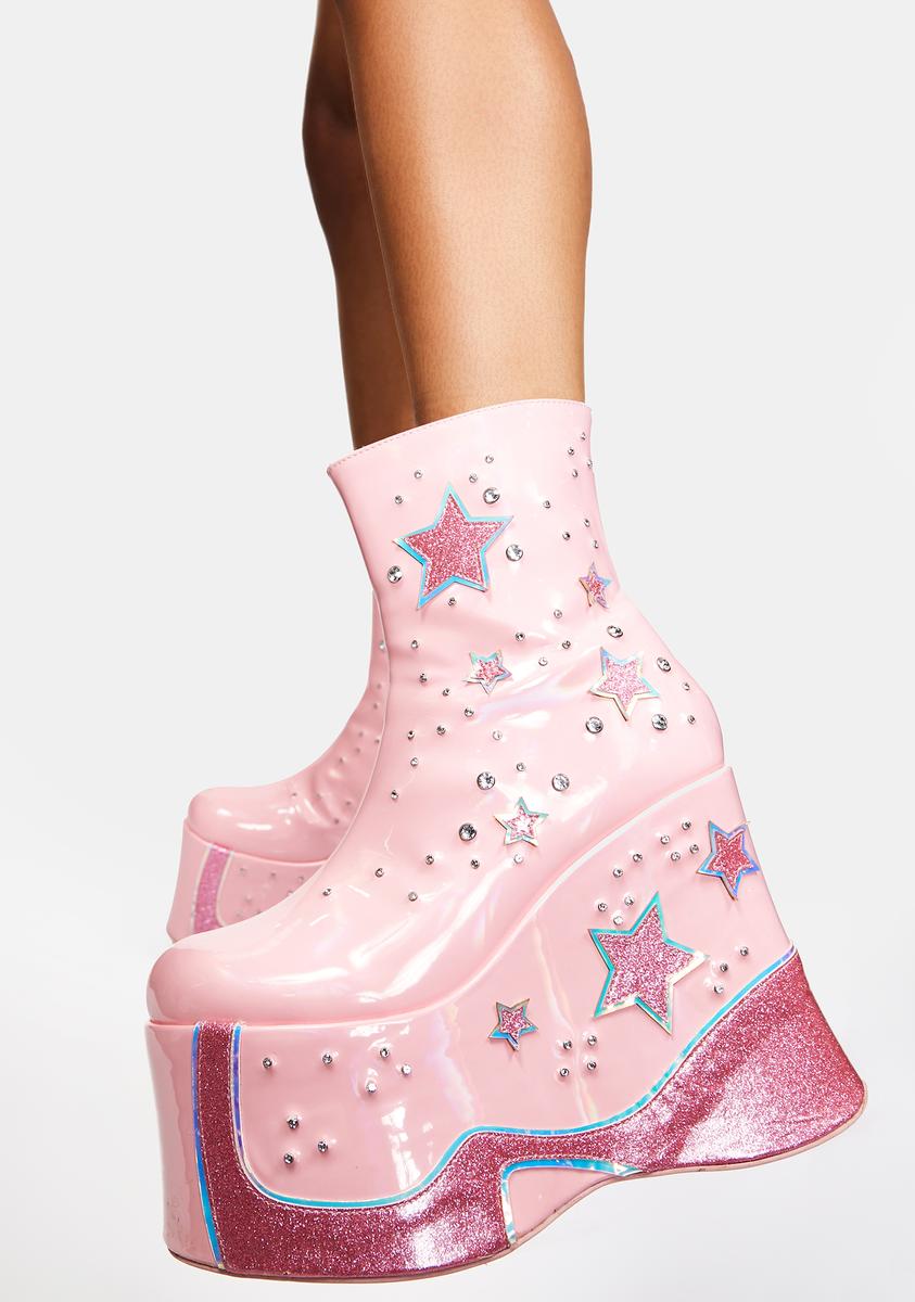 Dolls Kill x Winx Club Glitter Star Wedge Platform Boots - Pink