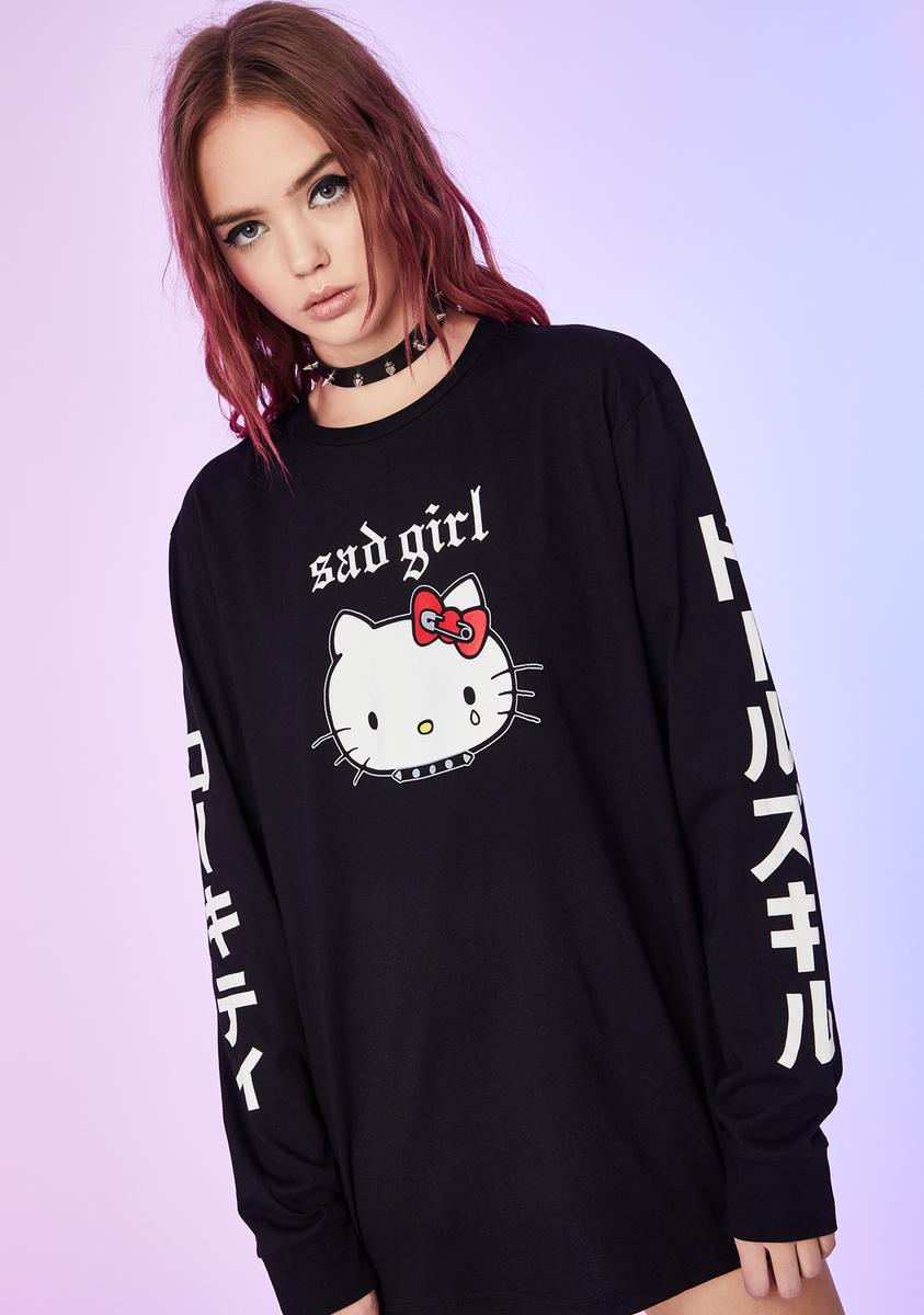 Dolls Kill Hello Kitty Graphic Long Sleeve Tee Print Script Text Kawaii Punk