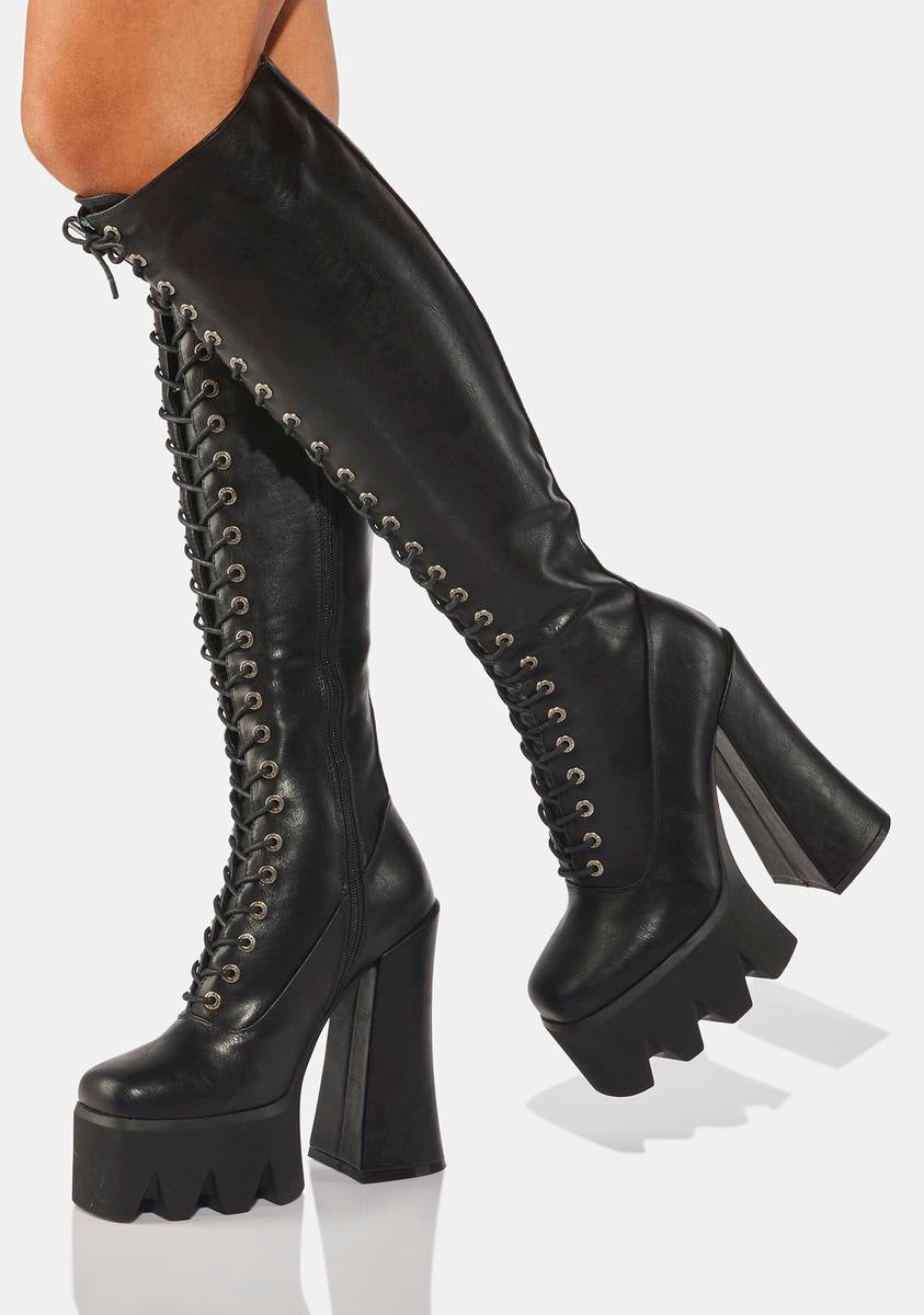 Lamoda Vegan Leather Knee High Lace Up Platform Heel Boots - Black – Dolls  Kill