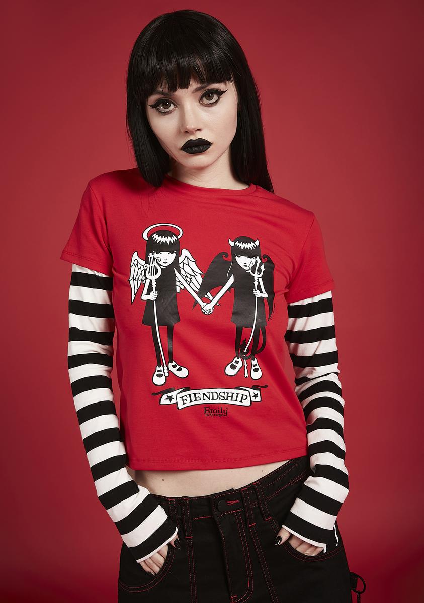 Dolls Kill X Emily The Strange Fiendship Striped Layered Graphic Tee - Red