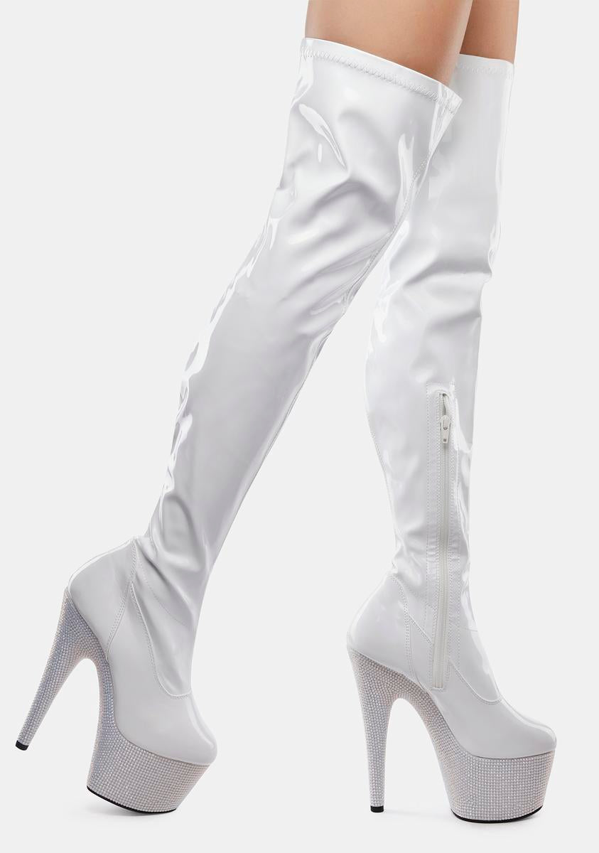 Pleaser Rhinestone Platform Thigh High Stiletto Boots - White – Dolls Kill