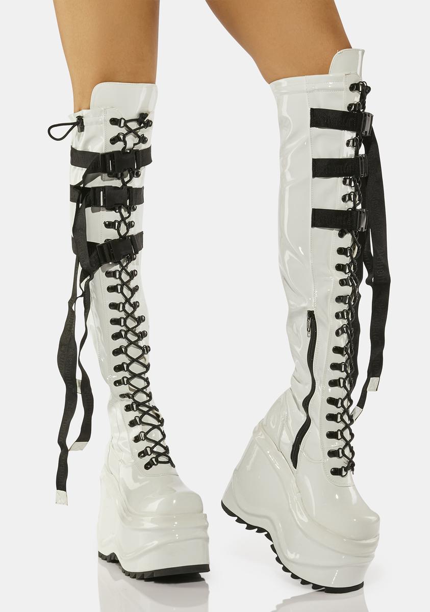 Demonia Strappy Wedge Thigh High Platform Boots - White Patent – Dolls Kill