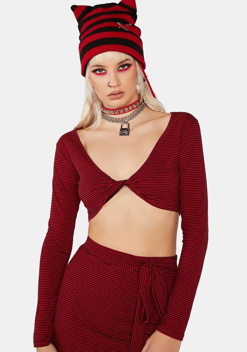 Current Mood Striped Front Knot Crop Top - Red/Black – Dolls Kill
