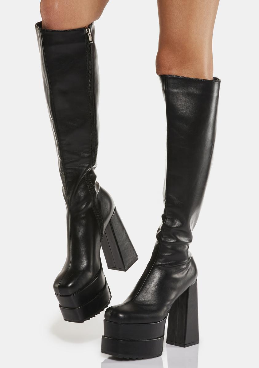 Lamoda Double Platform Heel Knee High Vegan Leather Boots - Black – Dolls  Kill