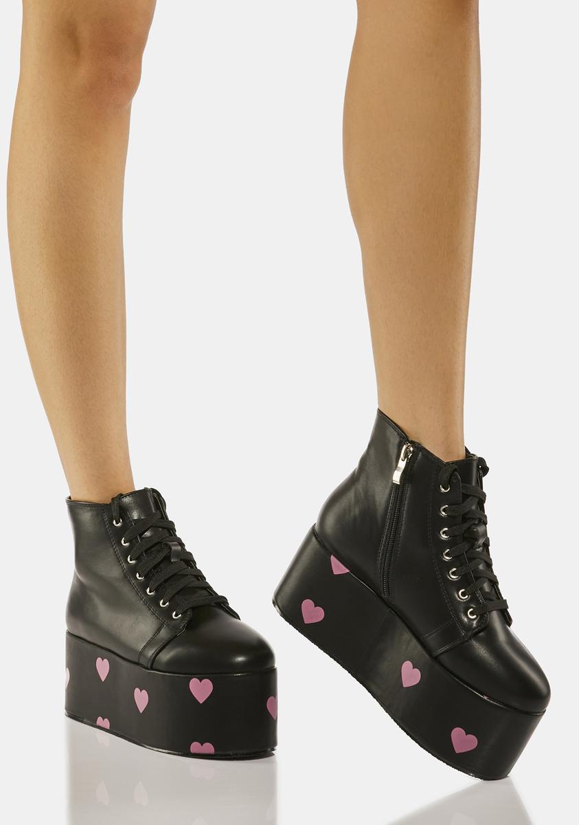 Vegan Leather Lace Up Heart Print Platform Ankle Boots - Black/Pink – Dolls  Kill