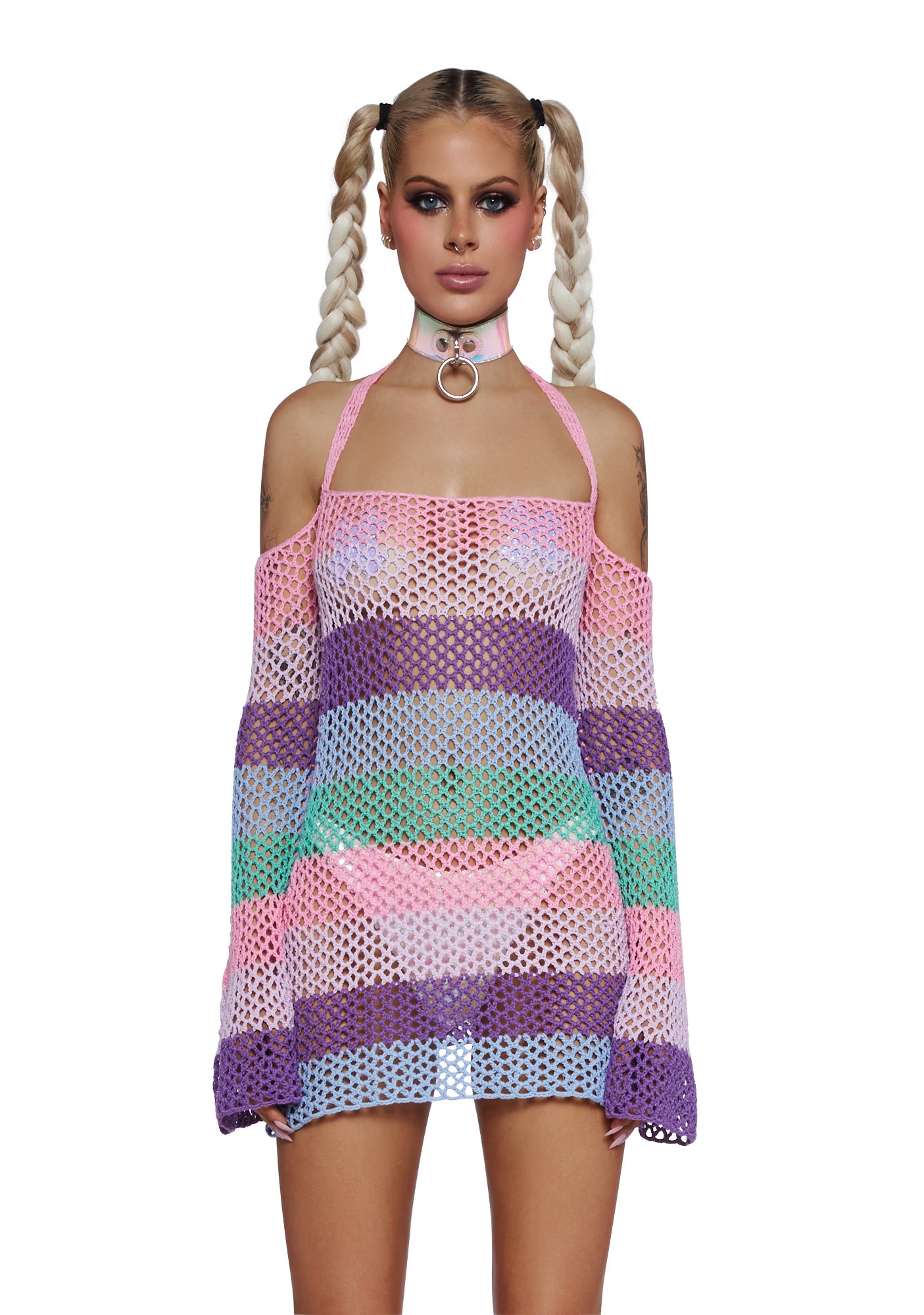 Club Exx Pastel Festival Crochet Bell Sleeve Mini Dress - Multi – Dolls Kill