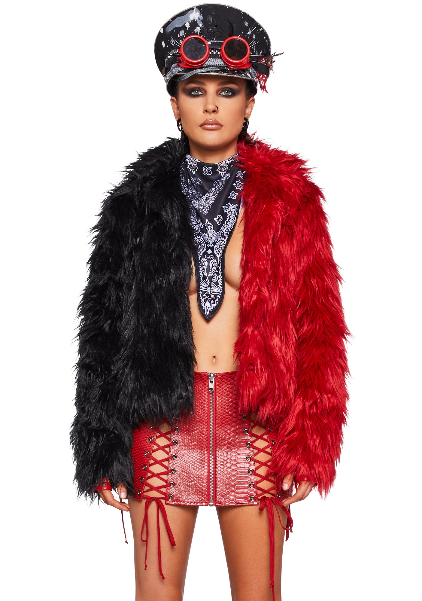 Balancing Act Faux Fur Jacket - Red/Black - Colorblock / XX-Small