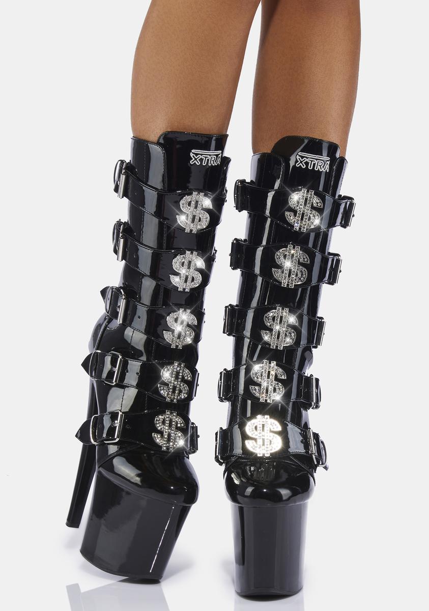 Xtra by Yru Dollar Sign Platform Stiletto Boots - Black/Silver – Dolls Kill