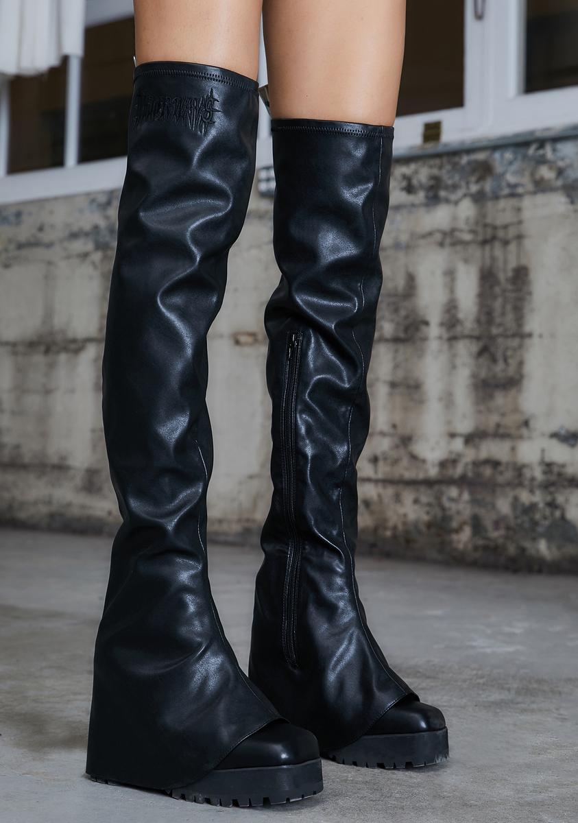 Darker Wavs Thigh High Pant Boots - Black Vegan Leather – Dolls Kill