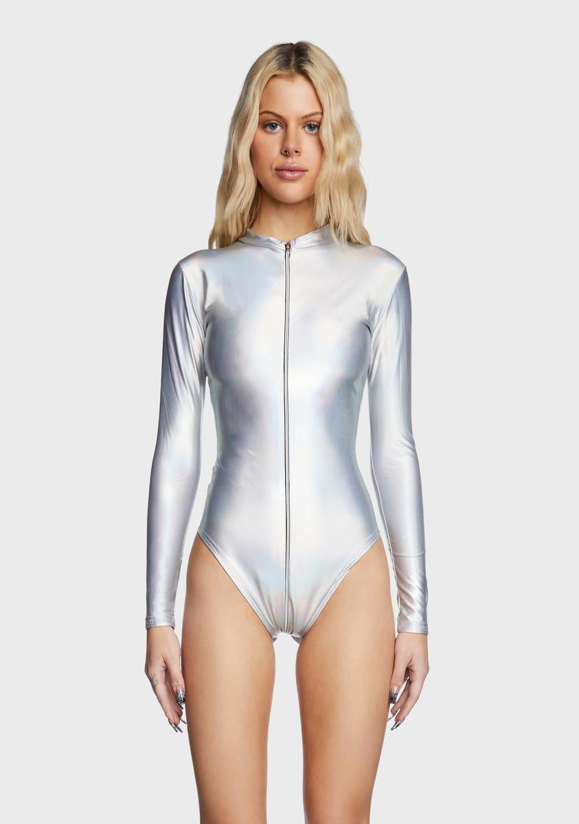 Adult Metallic Zipfront Silver Women Bodysuit, $48.99