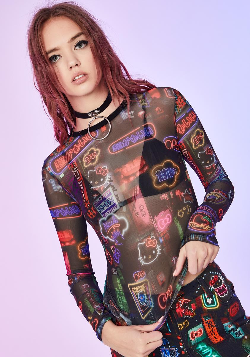 Dolls Kill Hello Kitty Graphic Sheer Mesh Long Sleeve Top Neon Sign Kawaii  Punk