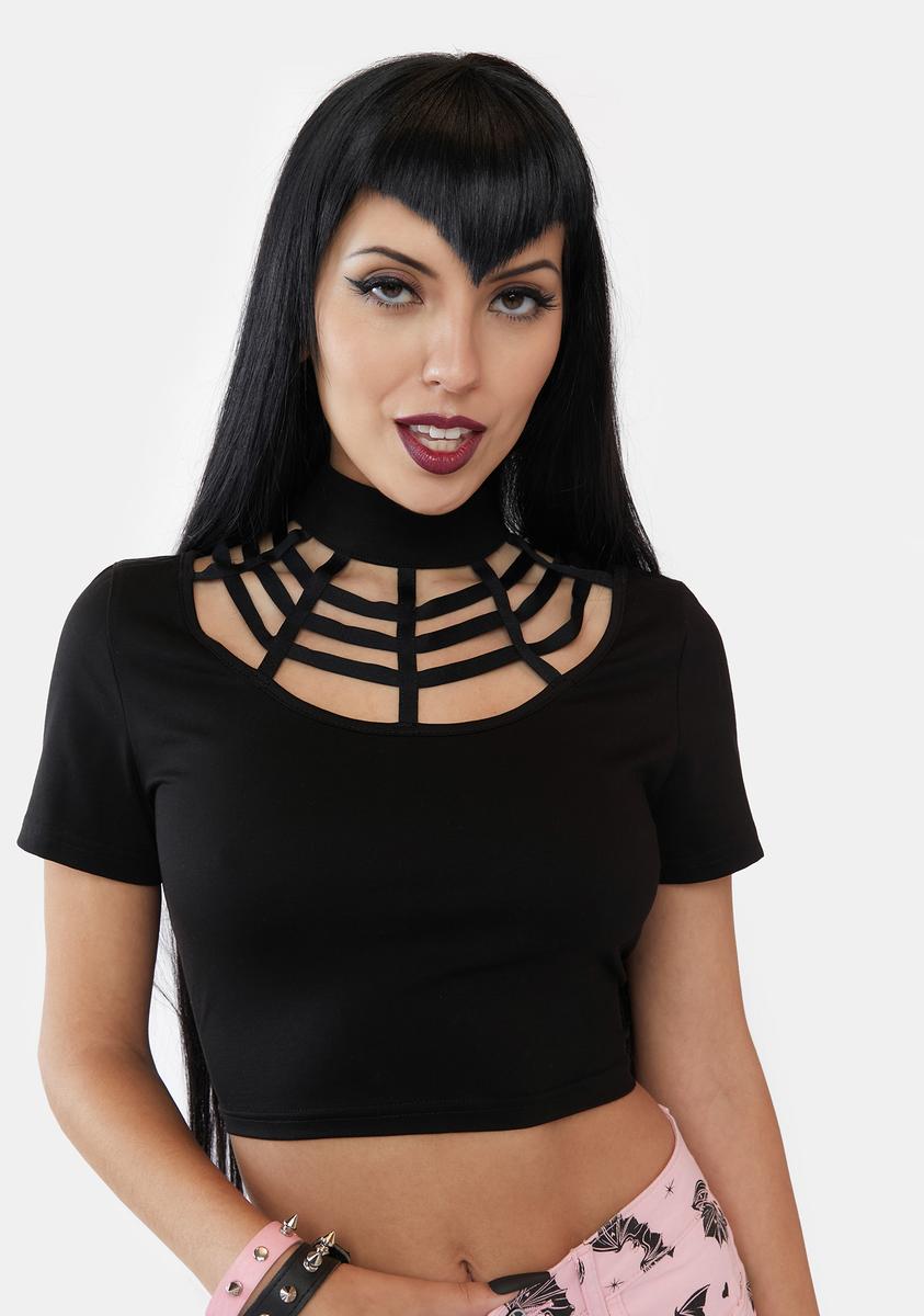 The Grave Girls Spider Web Cutout Mock Neck Top - Black