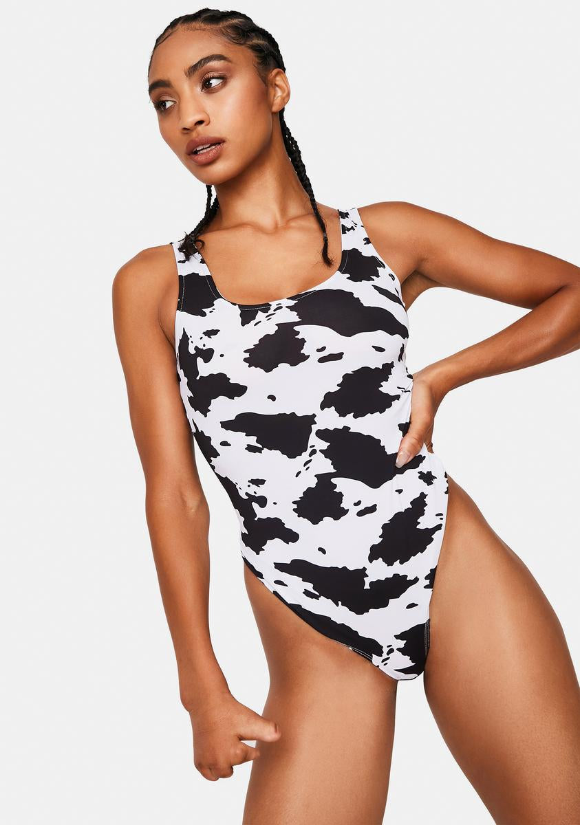 Cow Print Tank Bodysuit - White/Black – Dolls Kill